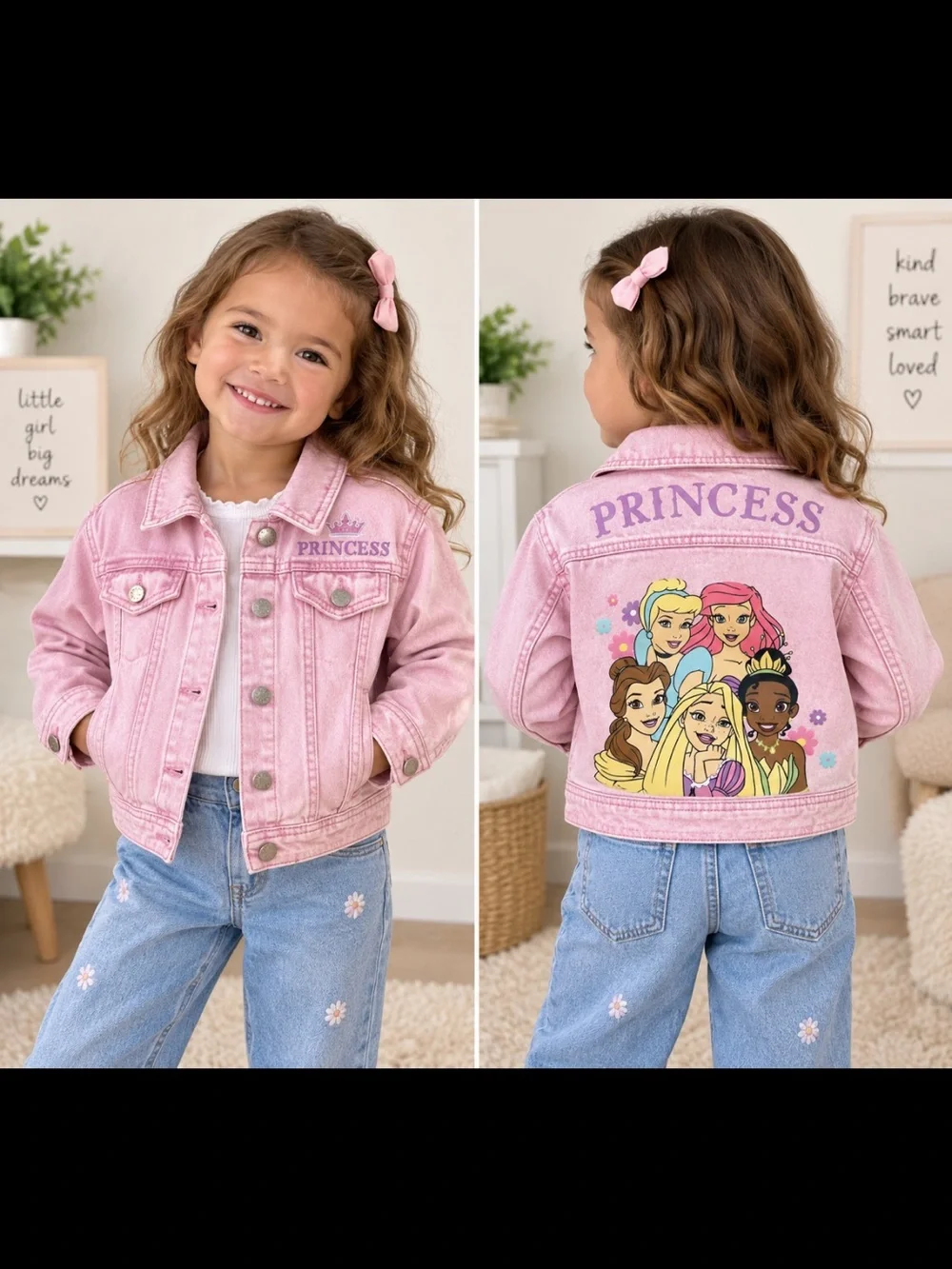 Disney Princess Pink Acid Wash Denim Jacket Girls 3T Cinderella Ariel Belle💕